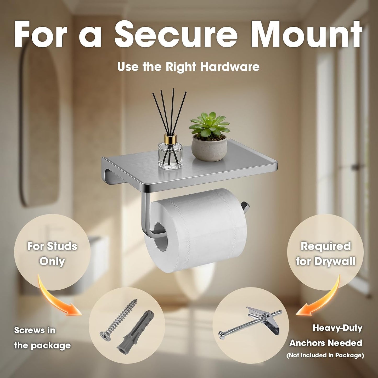 TRUSTMI Toilet Paper Holder with Phone Shelf, Zinc Alloy, Brushed Gold | Solid zinc alloy holder holds 15 lbs and fits jumbo rolls. Shelf stores phones and wipes for easy bathroom organization