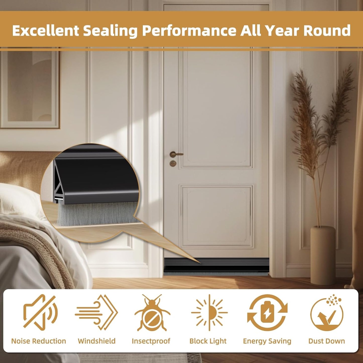 cuysfead 39" Door Draft Stopper for Bottom of Door with Brush,Strong Adhesive Under Door Sweep for Exterior & Interior,Soundproof Door Gap Filler Bottom Seal Dust Blocker and Noise Stopper,White