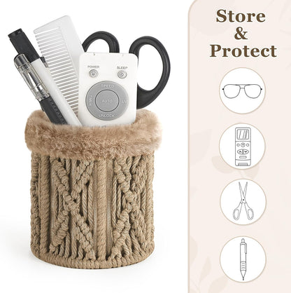 Mkono Glasses Holder for Nightstand, Boho Decor Plush Lined Eyeglass Stand | Prevents Lens Scratches, Space-Saving Design, Soft Interior, Multi-Functional Organizer, for Desk, Office, Table, Bedside