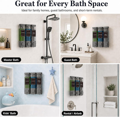 Shampoo and Conditioner Dispenser – Wall-Mounted Shower Soap Dispenser, No-Drill Installation, Lockable, 900 ml Capacity,for Bathroom & Hotel or Airbnb (Black, 3-Pack)