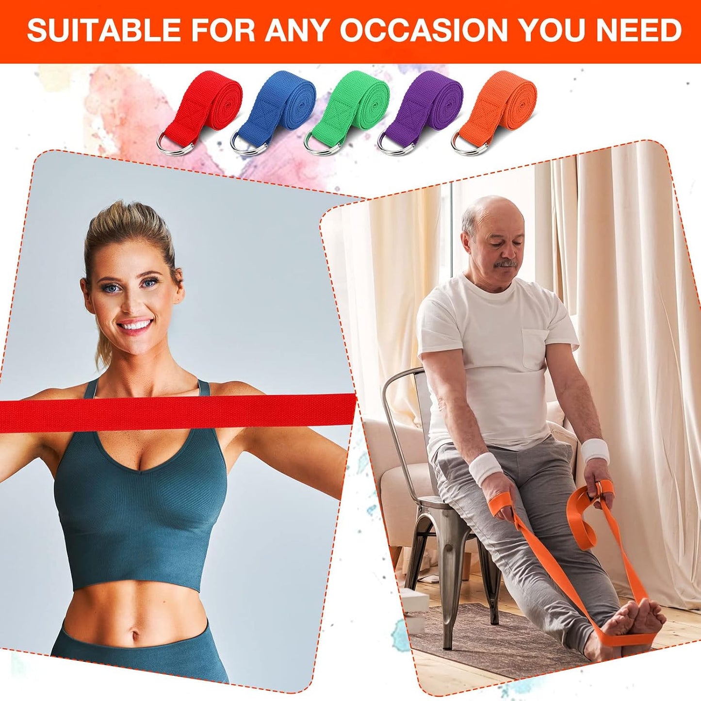 Jerify Yoga Strap for Stretching Bulk 6ft Exercise Stretch Band with Metal D Ring Adjustable Pilates Non Elastic Yoga Belt for Women Men Physical Fitness Gym Workout Dance