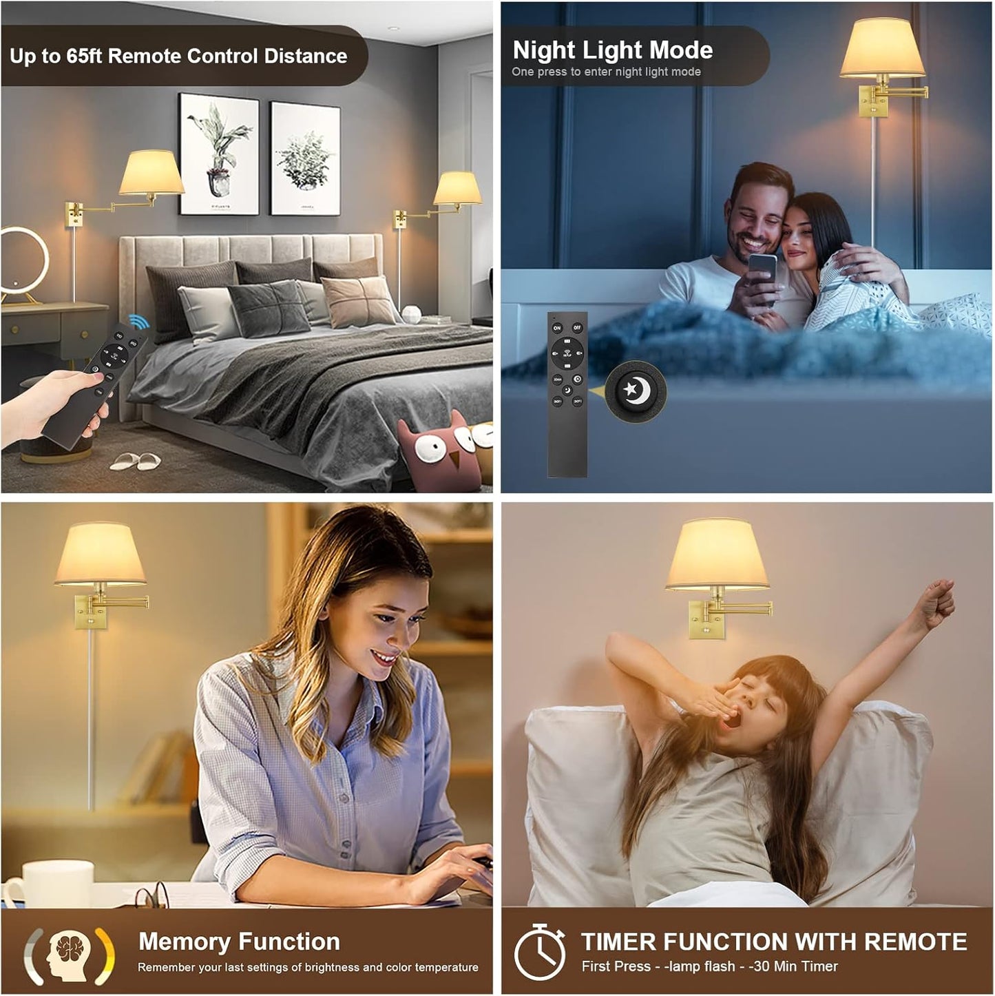 TRLIFE Wall Sconce Plug in, Dimmable Wall Sconces Set of Two Swing Arm Wall Lights with Plug in Cord and On/Off Dimmer Rotary Switch, 9.4" Medium Beige Fabric Shade(2 Pack, 2 Bulbs)
