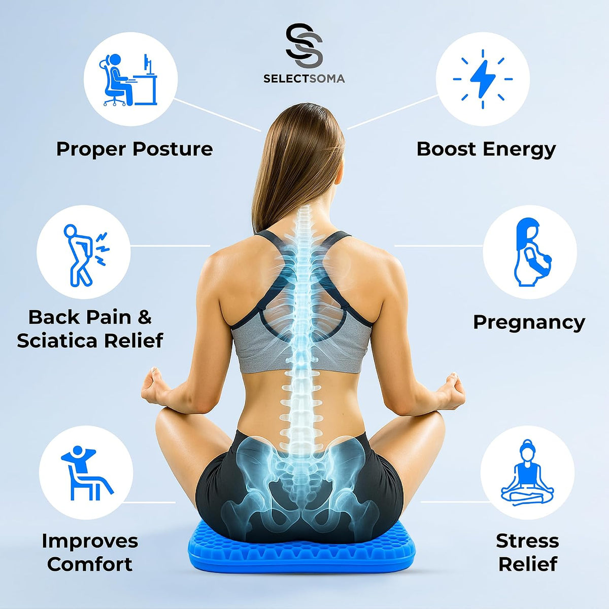 Gel Seat Cushion for Long Sitting, Pressure Relief for Tailbone and Back