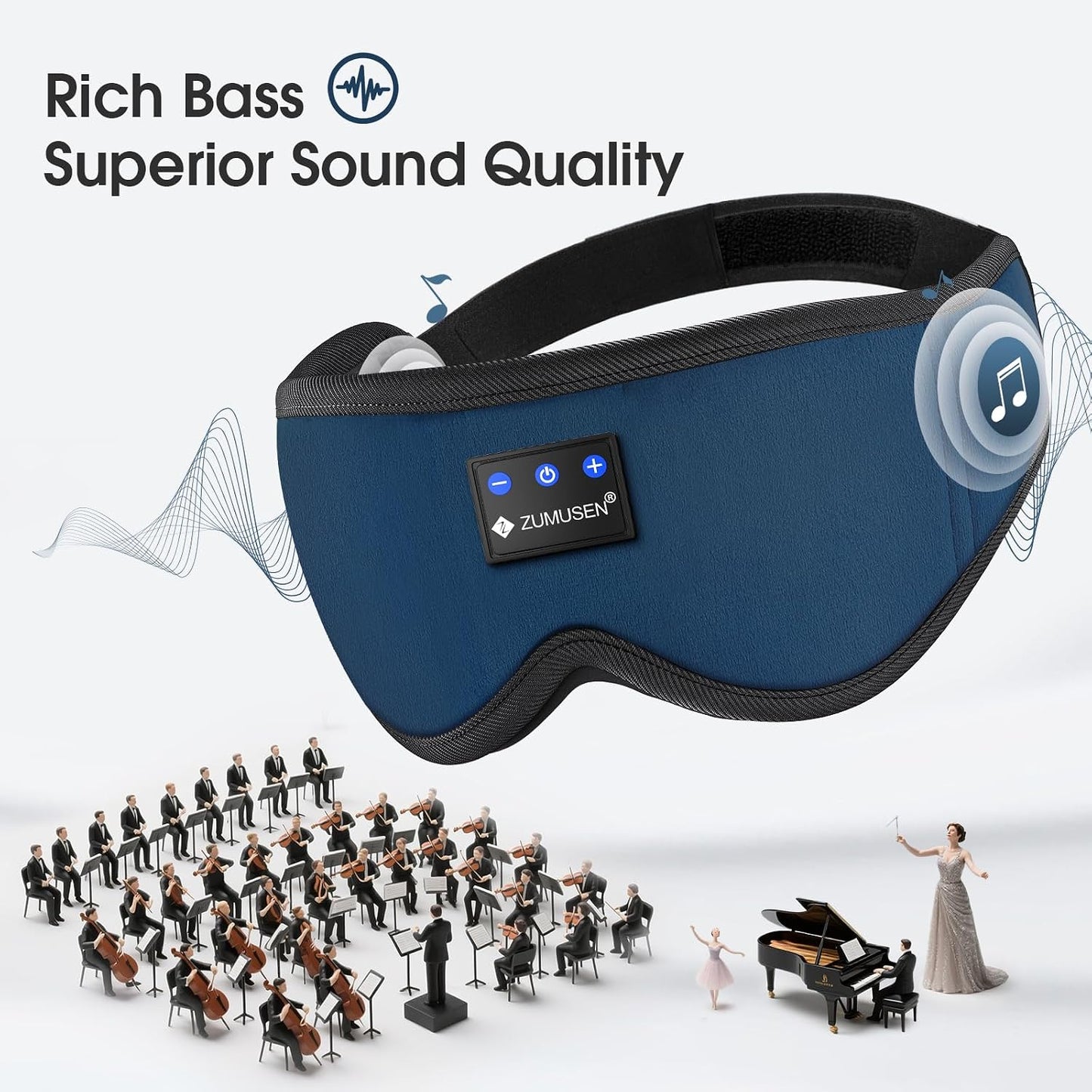 ZUMUSEN Bluetooth Sleep Headphones Mask with 3D Stereo Speakers | Wireless Ultra-Thin Music Eye Cover for Side Sleepers, Adjustable Strap for Travel, Meditation, Yoga, Naps, and Relaxation