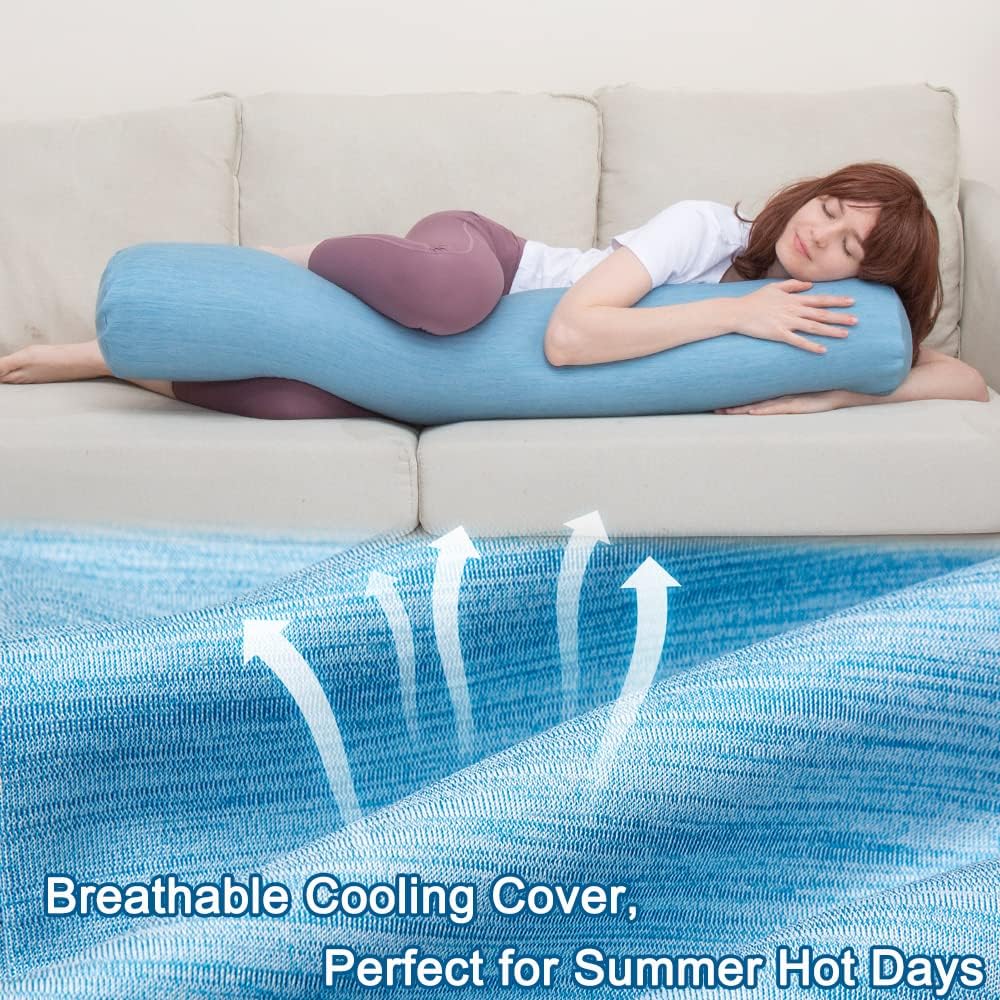 1 MIDDLE ONE Body Pillow for Adults, Bolster Pillow with Removable Velvet Cover, Long Round Cervical Roll Pillow, 35 x 7.87 Inches, Blue