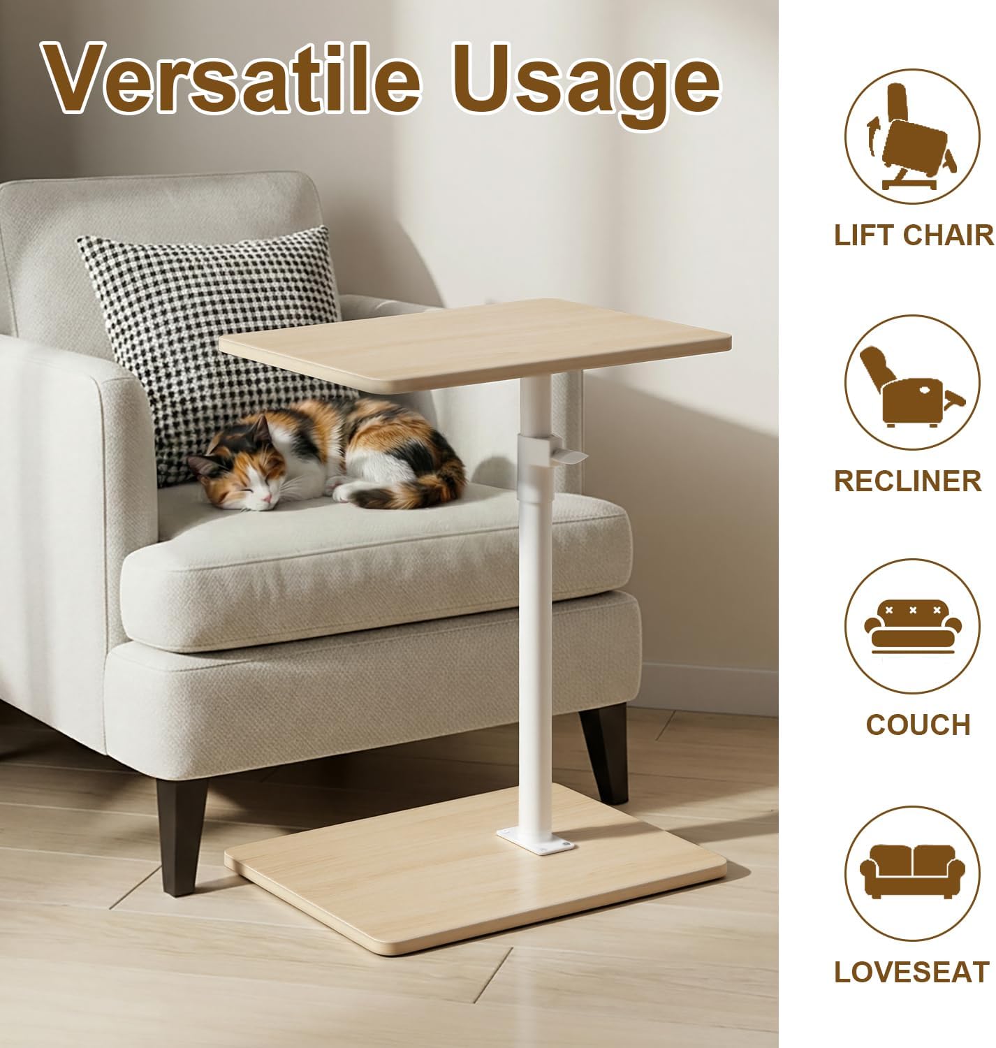 YUHFERA Sofa Armrest Tray Table for Couch - 360° Swivel Height Adjustable End for Small Spaces, Snack Side Table for Bed or Chair with Phone & Tablet Slot (Rustic,Standard)