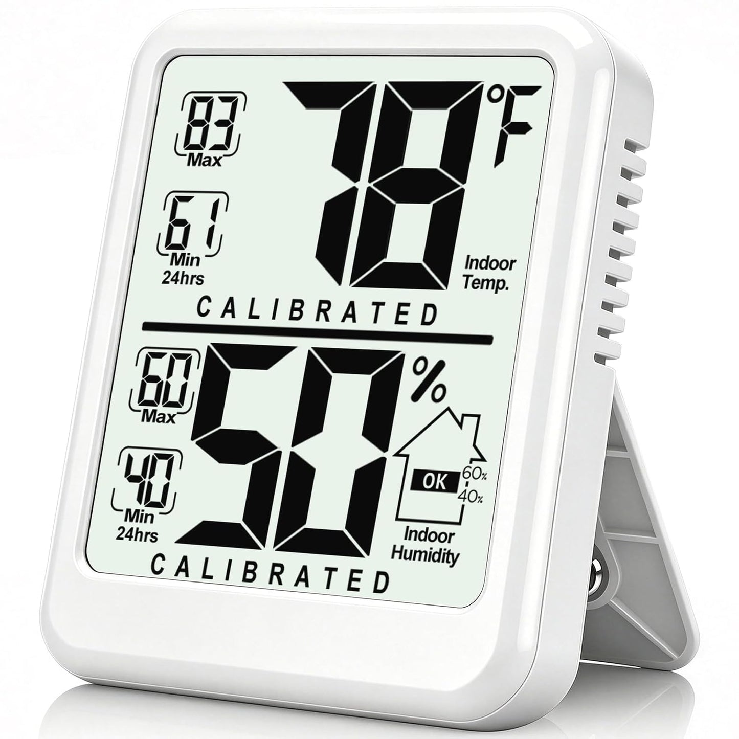 Room Thermometer Indoor Hygrometer, Temperature and Humidity Meter | W/ Battery, 24h Max/Min Record, Accurate Sensor, Fast Refresh, Easy to View, ℉/℃, Durable Kickstand, Compact, for Home Office
