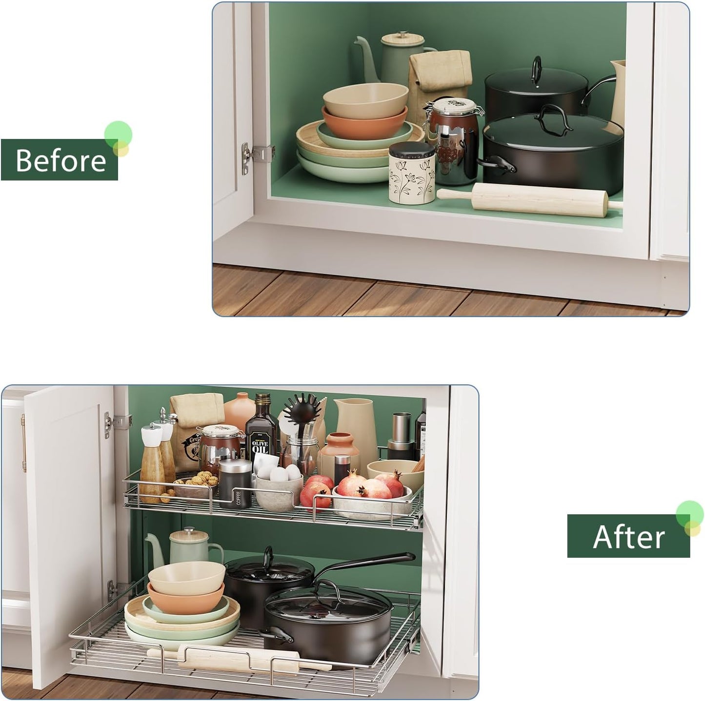 LOVMOR 2 Tier Individual Pull Out Cabinet Organizer 11" W x 18" D, Slide Out Kitchen Cabinet Storage Sliding Shelves