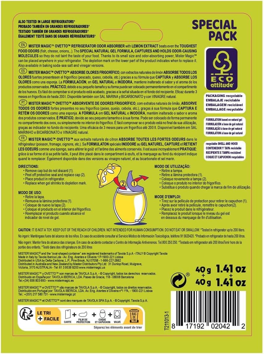 Mister Magic Refrigerator Odor Absorber – Natural Lemon Formula Gel, Odorless Fridge Deodorizer, Neutralizes Food Odors, Lasts Up to 90 Days, Safe for Food, Kitchen Supplies (1 Pack, Contains 2 Units)