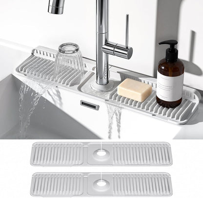 24 Inch Faucet Mat for Kitchen Sink, Silicone Splash Guard for Kitchen Sink Area, 7° Slope Fast Self-Draining Sink Mat, Cuttable Hole Design, Sink Backsplash Guard Draining Mat, Grey