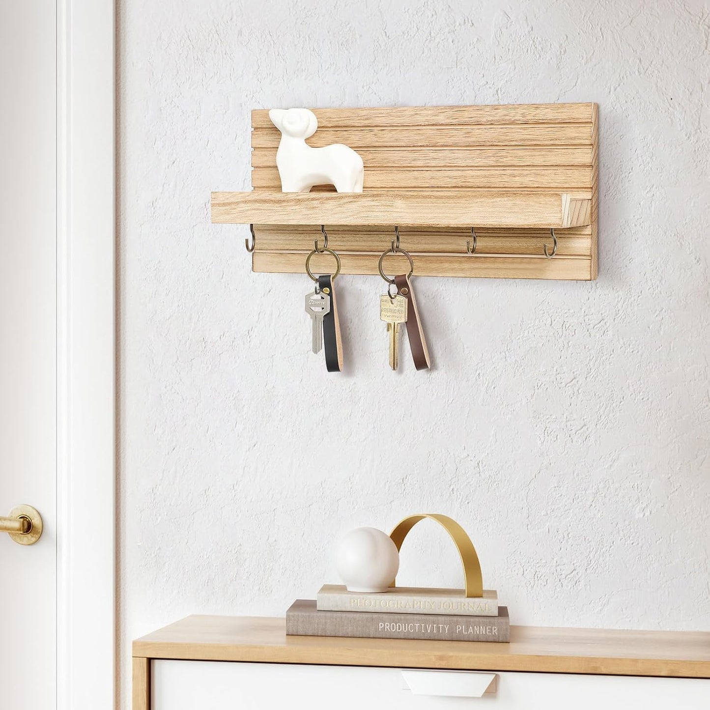 Lwenki Decorative Key Holder for Wall with Shelf, Entryway Shelf with Hooks Holds Leashes, Jackets and Glasses – Sturdy Wood Keyholder Entrance Hanger with Mounting Hardware (Black, Medium)