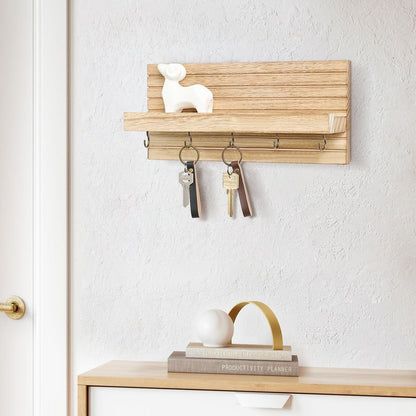 Lwenki Decorative Key Holder for Wall with Shelf, Entryway Shelf with Hooks Holds Leashes, Jackets and Glasses – Sturdy Wood Keyholder Entrance Hanger with Mounting Hardware (Black, Medium)