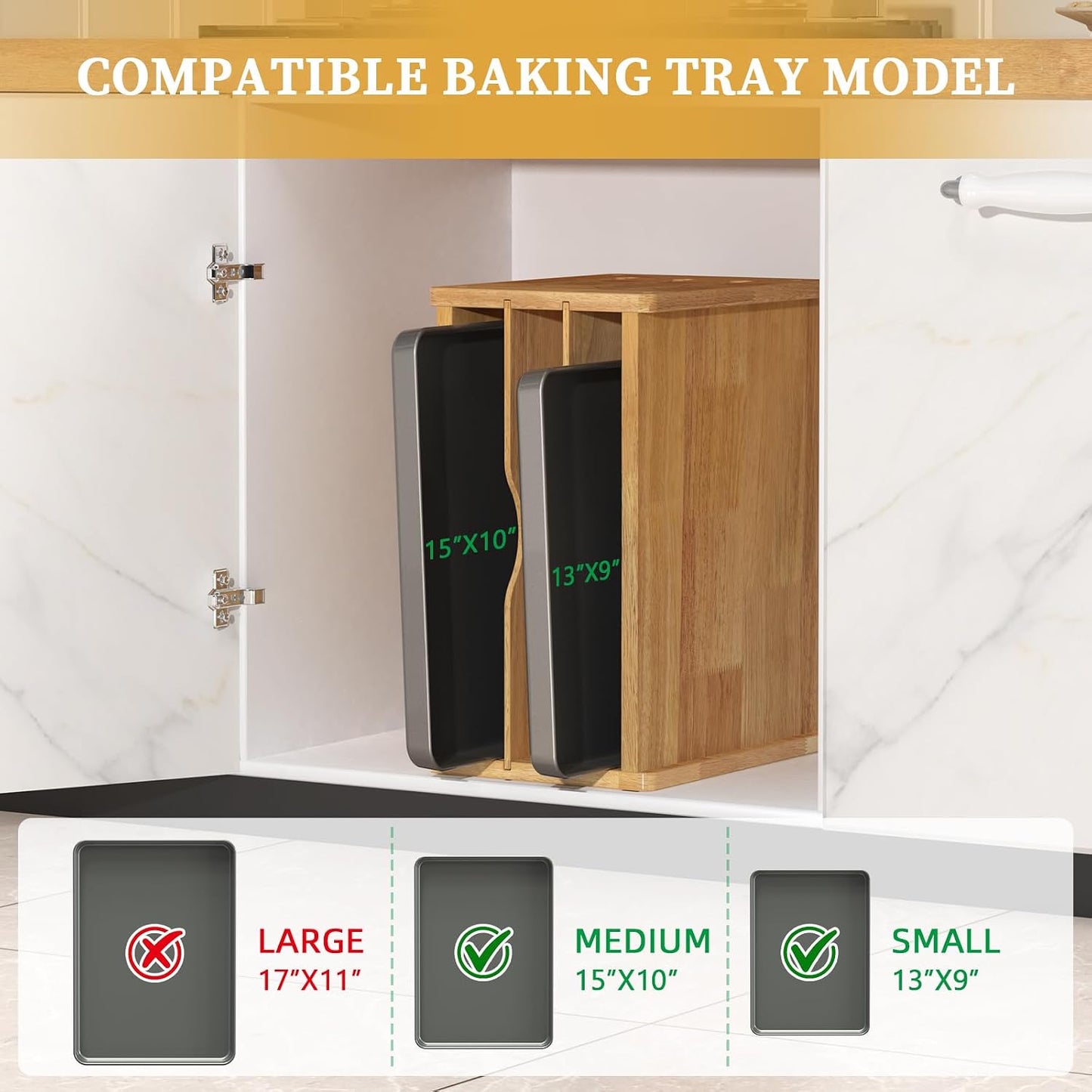 4 Tier Rubber Wooden Tray Dividers for Cabinets, Cookie Sheet Organizer | Heavy Weight, Premium Wood, Multiple Sizes, Saving Space, Vertical Tray Dividers for Storing pans, Baking tray, Cutting Board