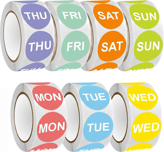 Day of the Week Sticker Labels, 1" Round, 7 Rolls, 500 per Roll