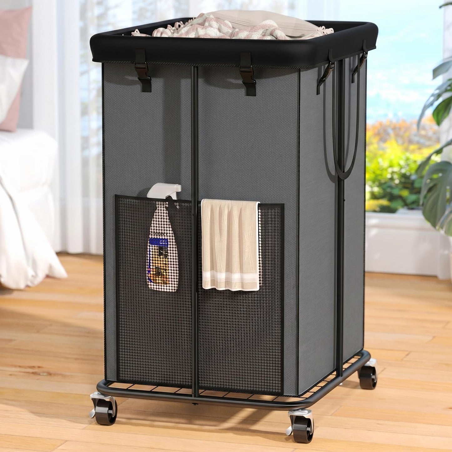 Laundry Hamper with Wheels, 150L Rolling Laundry Basket with Bag & Handles | Sturdy Metal Frame | Removable Bag | Large & Tall Dirty Clothes Hampers for Laundry Room, Bedroom, Dorm, Bathroom-Black