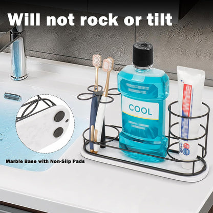 Toothbrush Holder Stand for Bathroom, Metal Toothbrush Organizer with Marble Base, Toothbrush Storage Collection for Family, Suitable for Home Hotel Countertop Vanity (Small, Matte Black)