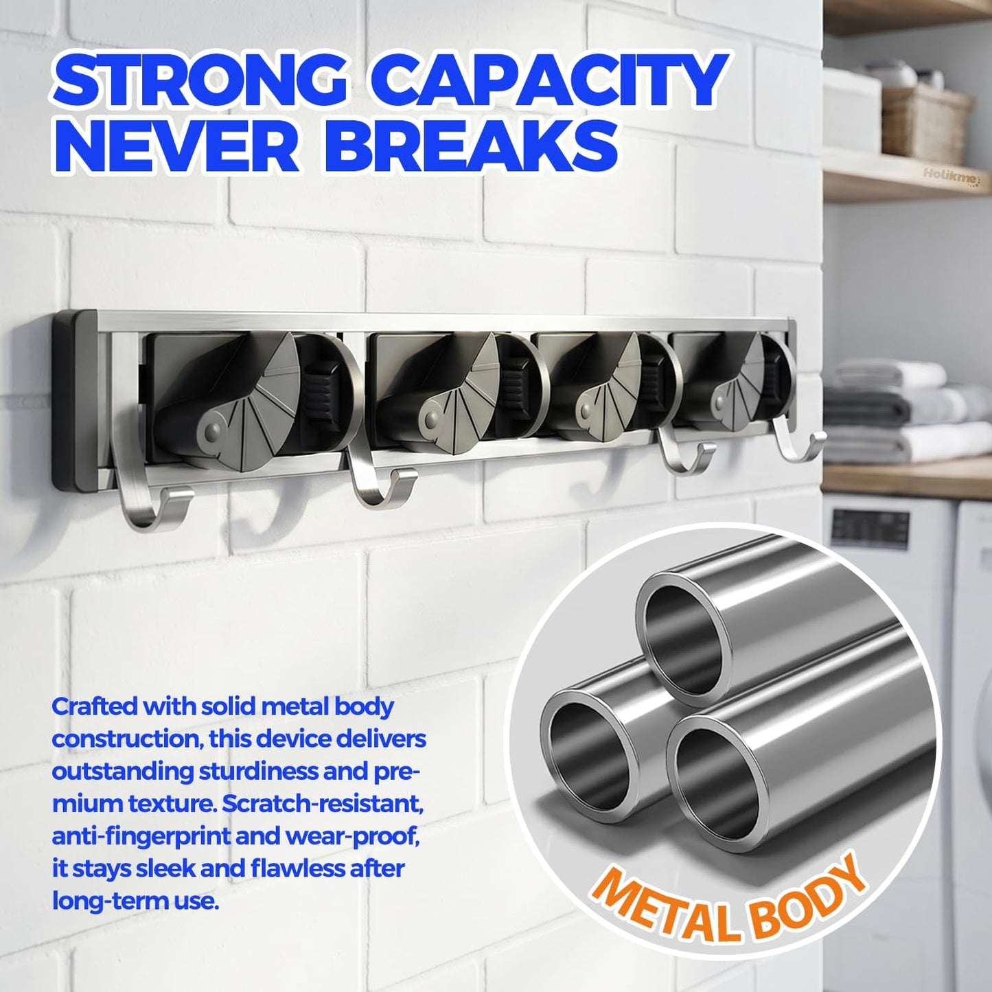 Holikme Mop Broom Holder Wall Mount Metal Pantry Organization and Storage Garden Kitchen Tool Organizer Wall Hanger for Home Goods (4 Positions with 4 Hooks, Silver)