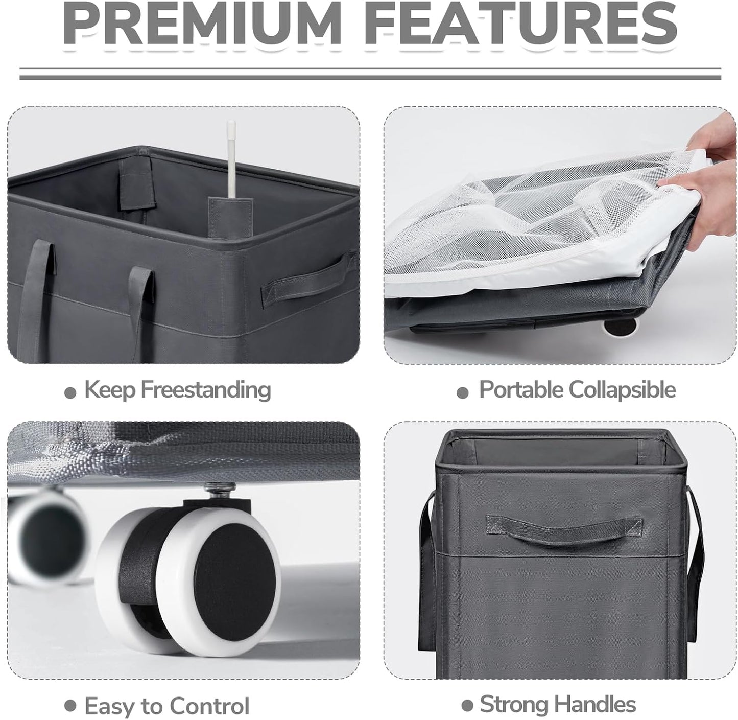 CHICVITA 75L Large Rolling Laundry Basket with Wheels & Wash Bag, Grey | Collapsible design saves space for corner dorms. Removable wash bag for easy laundry transport