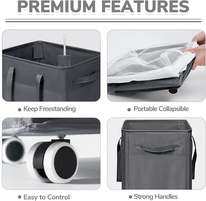 CHICVITA 75L Large Rolling Laundry Basket with Wheels & Wash Bag, Grey | Collapsible design saves space for corner dorms. Removable wash bag for easy laundry transport