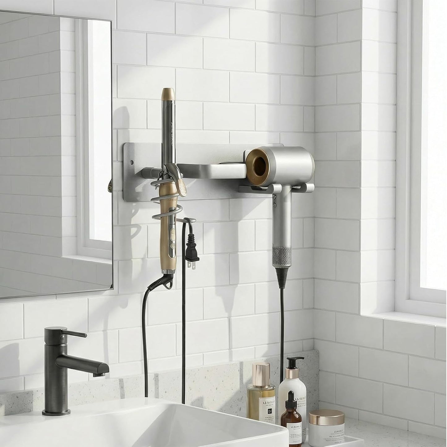 Hair Dryer Holder Hair Tool Organizer Metal Wall Mount (Gold) | Heat Resistant Hair Tool Organizer, Metal Wall Mount Storage, Bathroom Counter Space Saver, Blow Dryer Holder