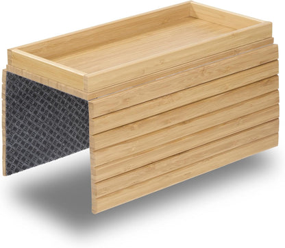 DETOR Couch Arm Tray with Spacious 12.4" x 5.4" Storage Box, Walnut Bamboo Finish, Enhanced Non-Slip Felt Bottom, Sturdy Bamboo Slats, Fits Armrests 6" and Wider