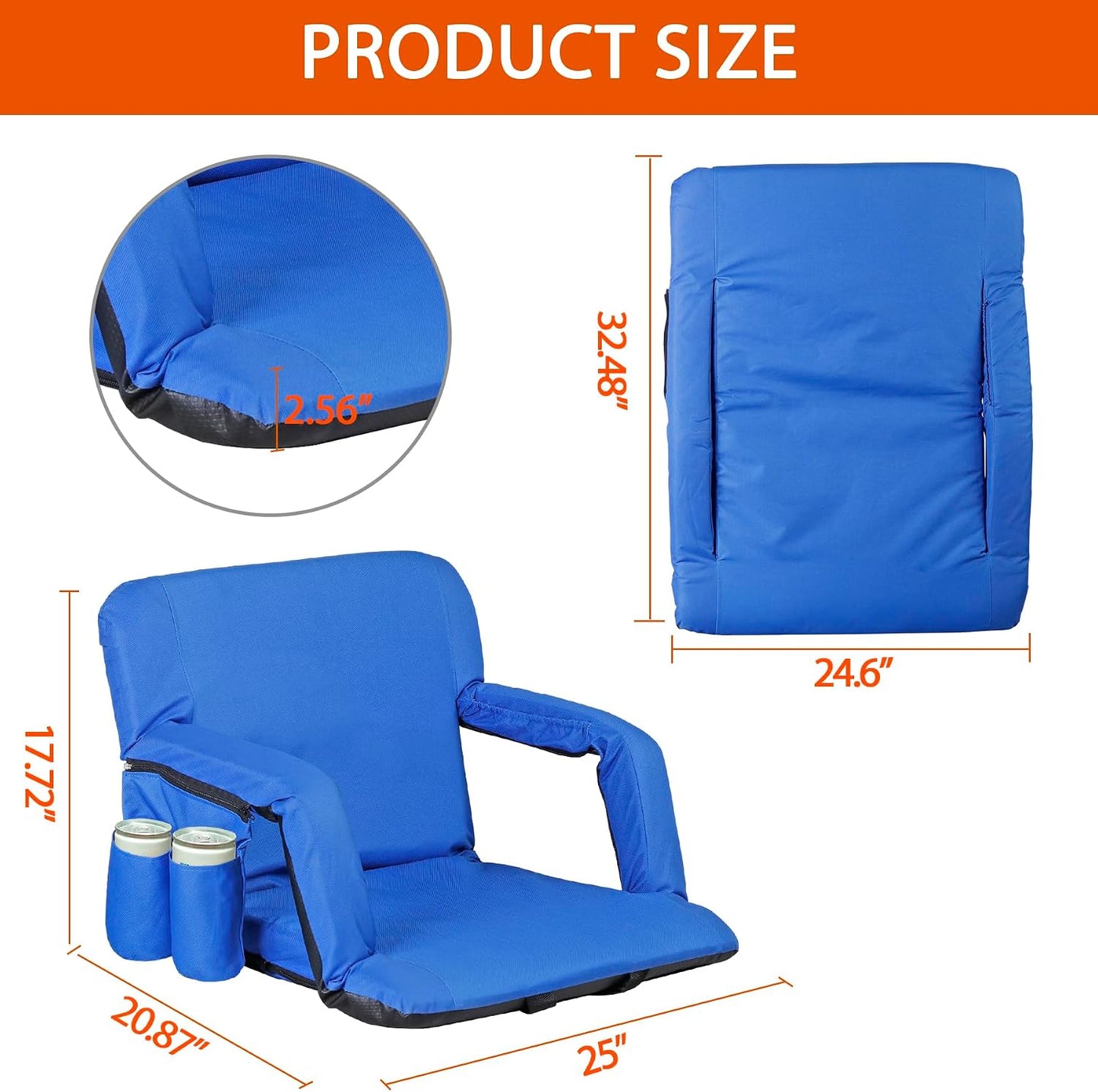 LEMY 20.5"/ 25" Wide Adjustable Stadium Seat for Bleachers Portable Water Resistant Stadium Chair with Back/Arms/Cushion for Outdoor or Indoor