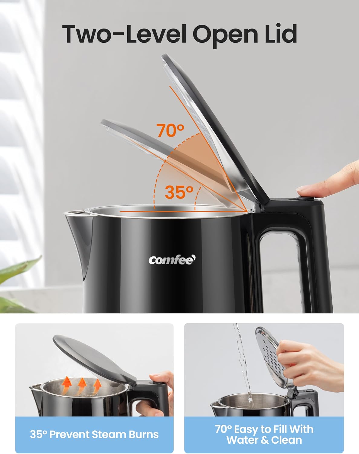 COMFEE' 1.7L Double Wall Stainless Steel Electric Kettle