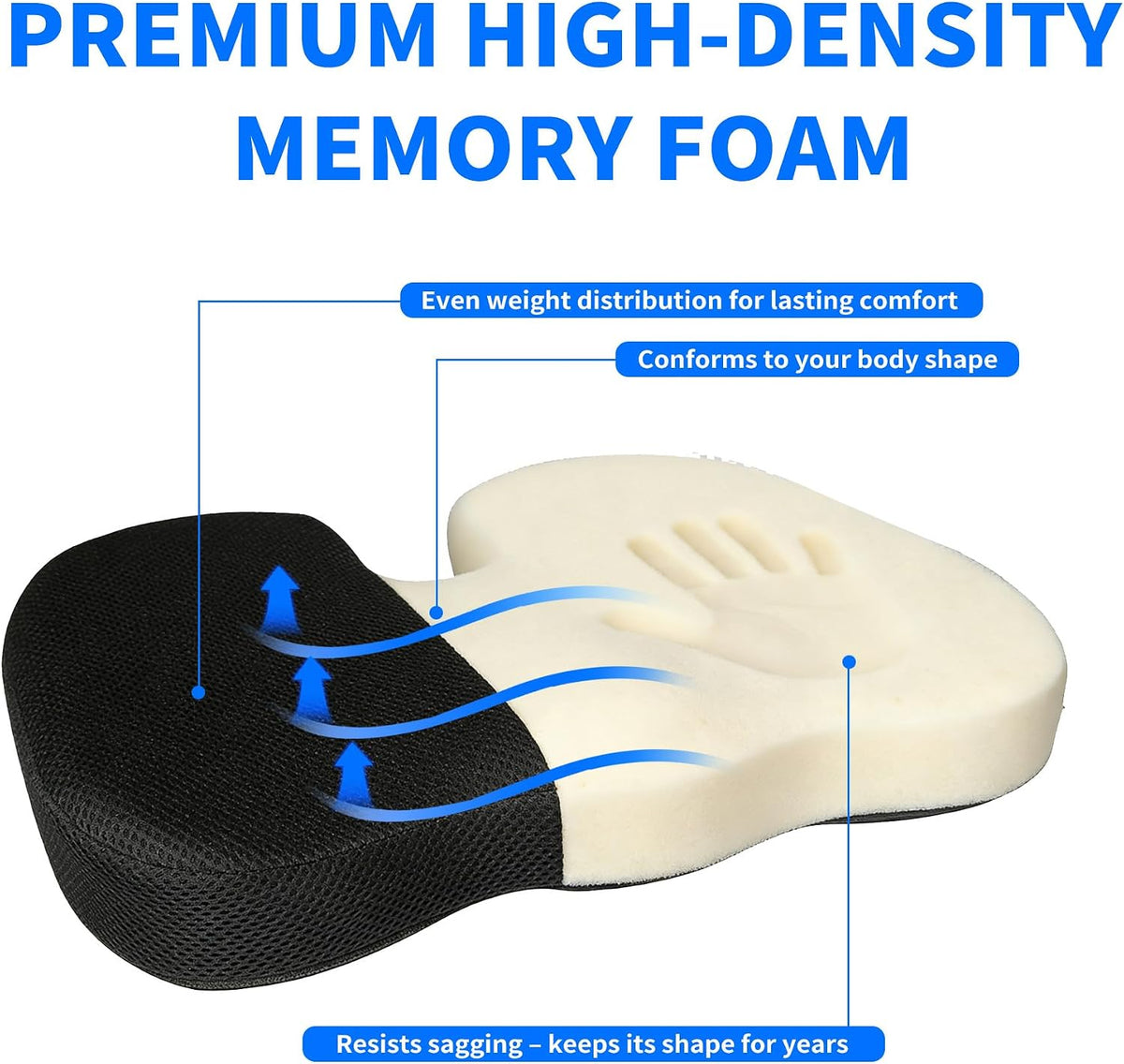 Coccyx & Tailbone Support Seat Cushion for Office & Car – Ergonomic U-Cutout Memory Foam for Sciatica, Pressure Relief, All-Day Comfort – Perfect for Desk Chair, Driving, Travel (Black)