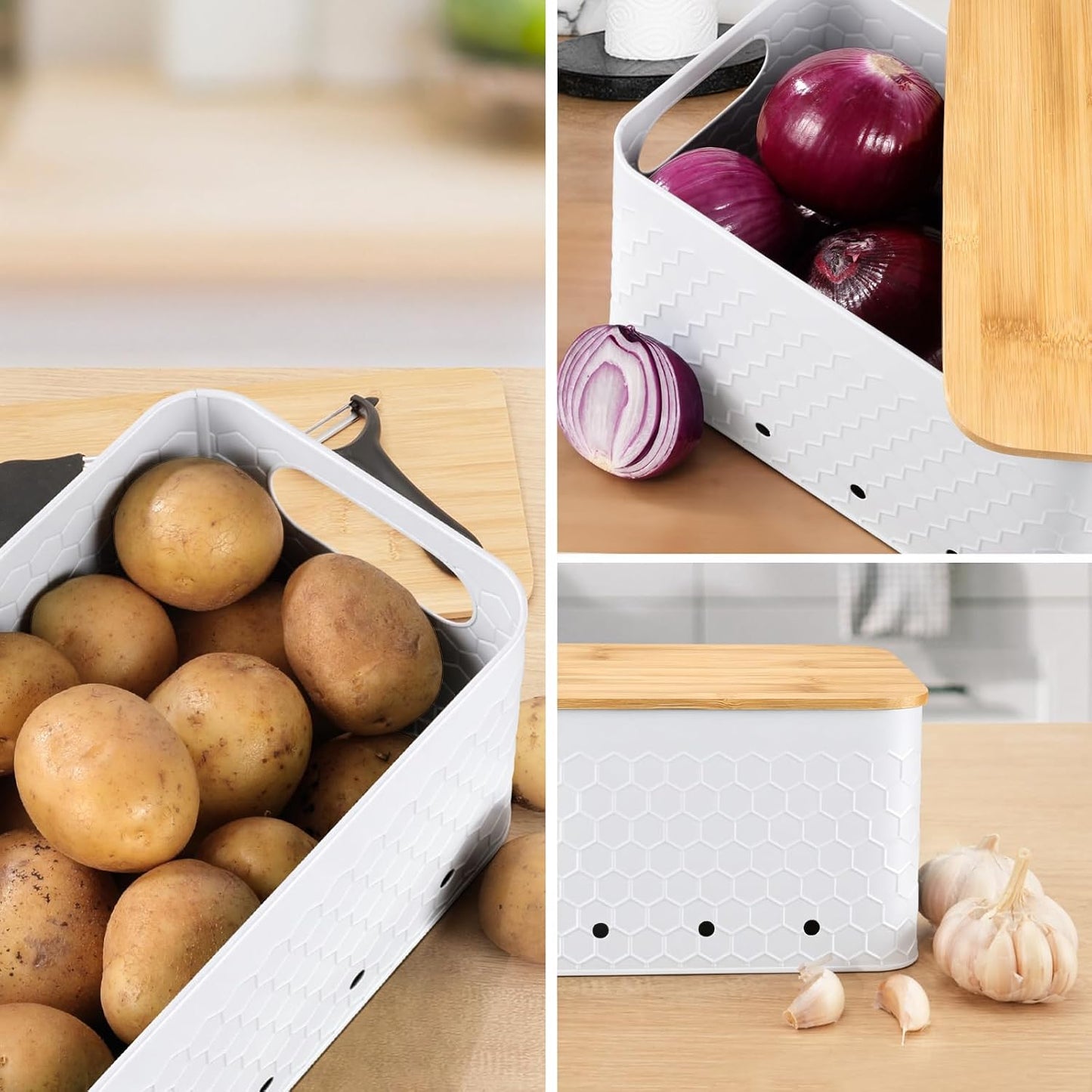 Kitchen Vegetable Storage Set of 3, Metal Onion Garlic Potato Storage Set, Kitchen Canisters Vegetable Keeper Containers with Aerating Holes and Bamboo Lid,Black