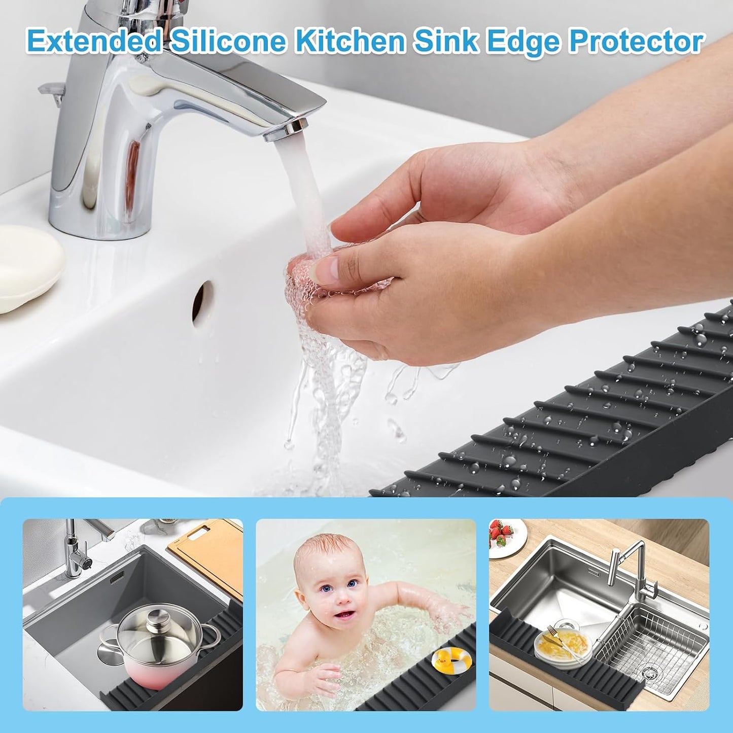Silicone Faucet Splash Guard 4" x 30", Faucet Water Catcher Mat, Longer Silicone Sink Mat for Kitchen, Bathroom, Laundry Room, Farmhouse for Quartz Kitchen Sink（Gray）
