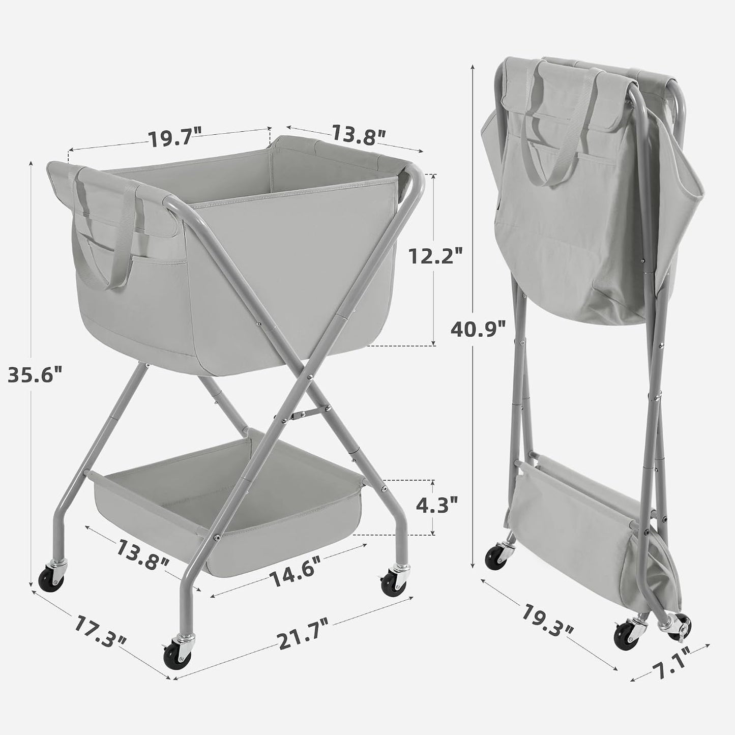 STORAGE MANIAC Collapsible Laundry Cart with Wheels 35.6"H Removable Canvas Bag Rolling Laundry Hamper Clothes Basket with Wheels, Sturdy Steel Frame Folding for Small Narrow Space Easy Storage, Beige