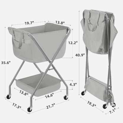STORAGE MANIAC Collapsible Laundry Cart with Wheels 35.6"H Removable Canvas Bag Rolling Laundry Hamper Clothes Basket with Wheels, Sturdy Steel Frame Folding for Small Narrow Space Easy Storage, Beige