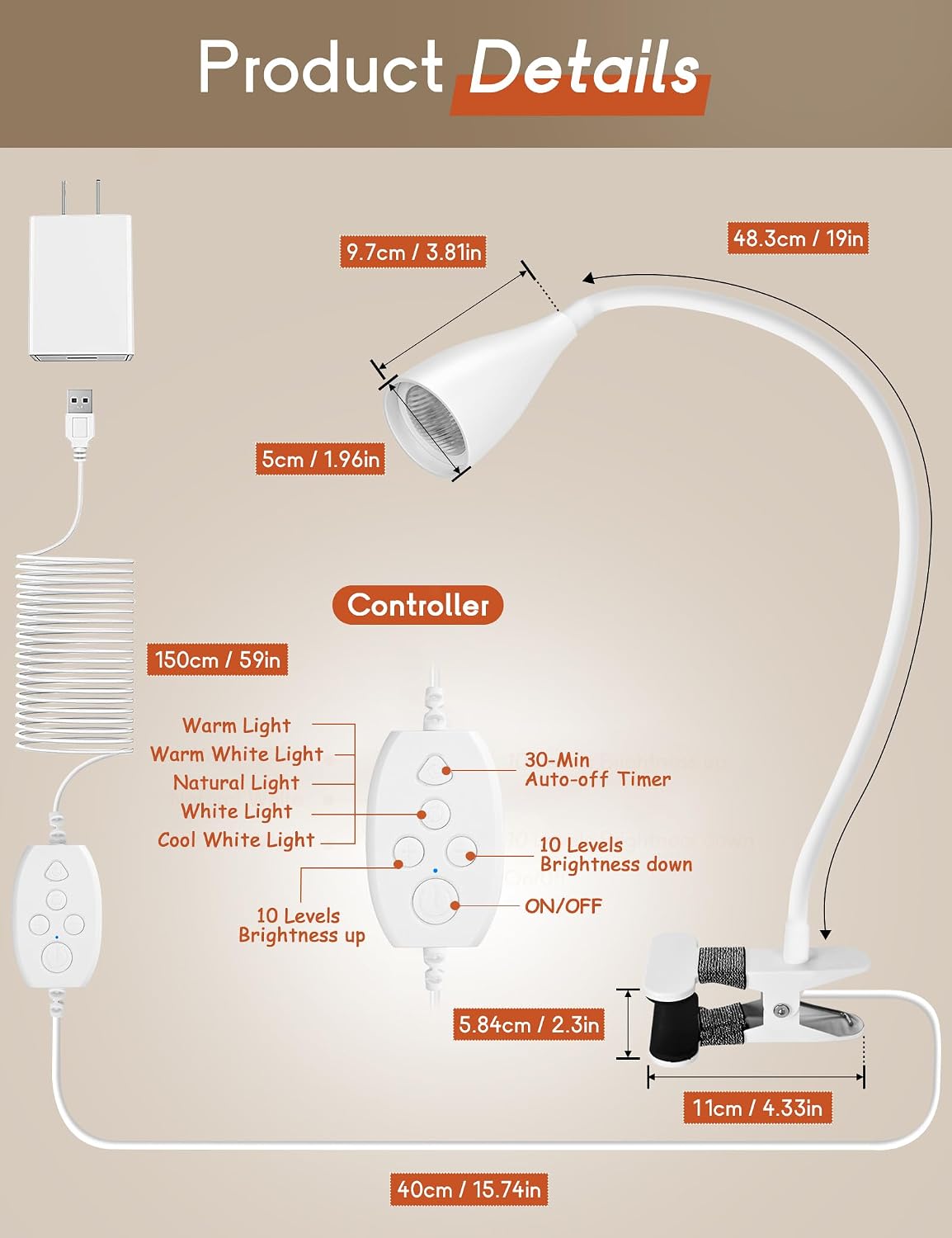 Reading Light for Book in Bed,Clip on Light Reading Lamp with Adapter Black