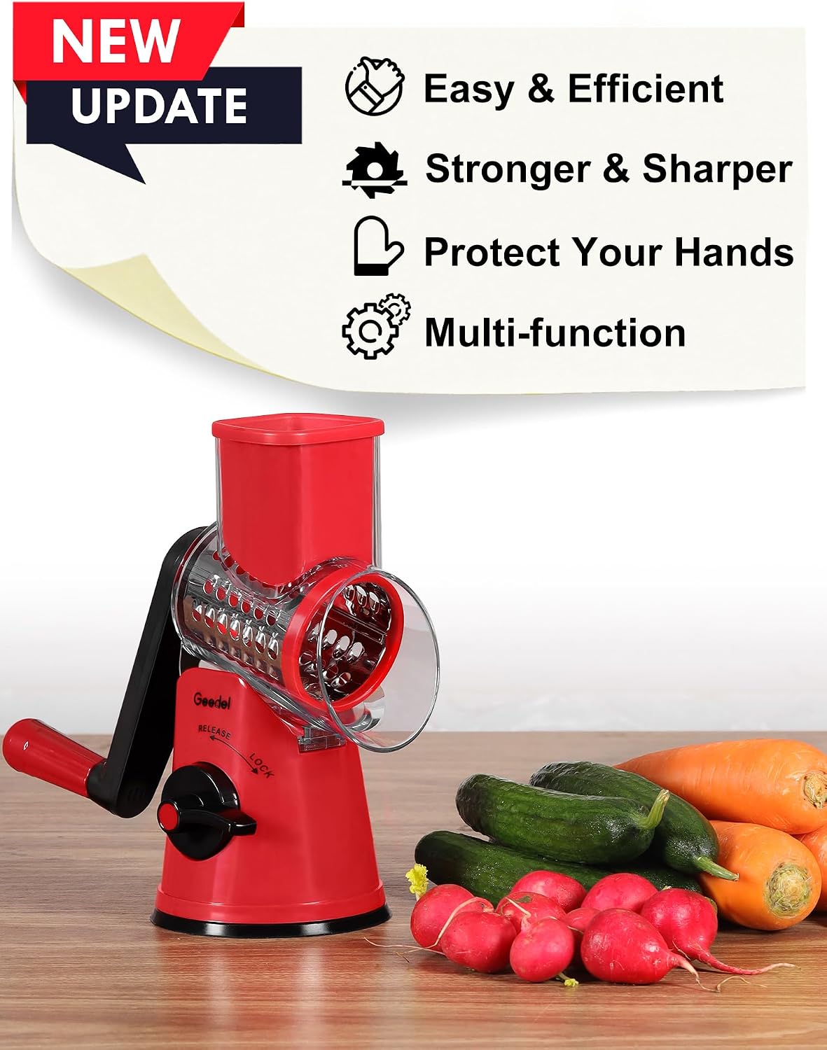 Geedel Rotary Cheese Grater, Kitchen Mandoline Vegetable Slicer with 3 Interchangeable Blades, Easy to Clean Rotary Grater Slicer for Fruit, Vegetables, Nuts | 3 Blades, 430 Stainless Steel, 12x Fast Cutting, Strong Suction Base, No BPA, Dishwasher Safe,
