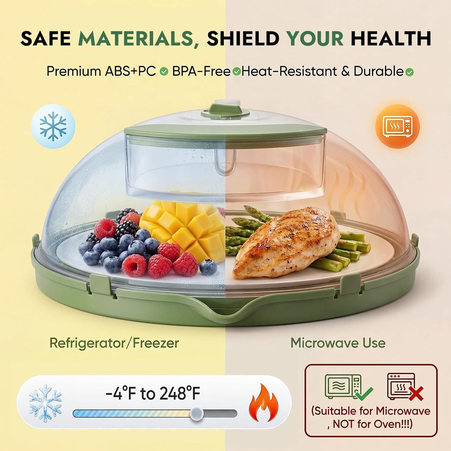 10-Inch Microwave Splatter Cover with Water Steamer, Green | Clear plate cover with adjustable vent and handle for plates, bowls, dishes and reheating leftovers