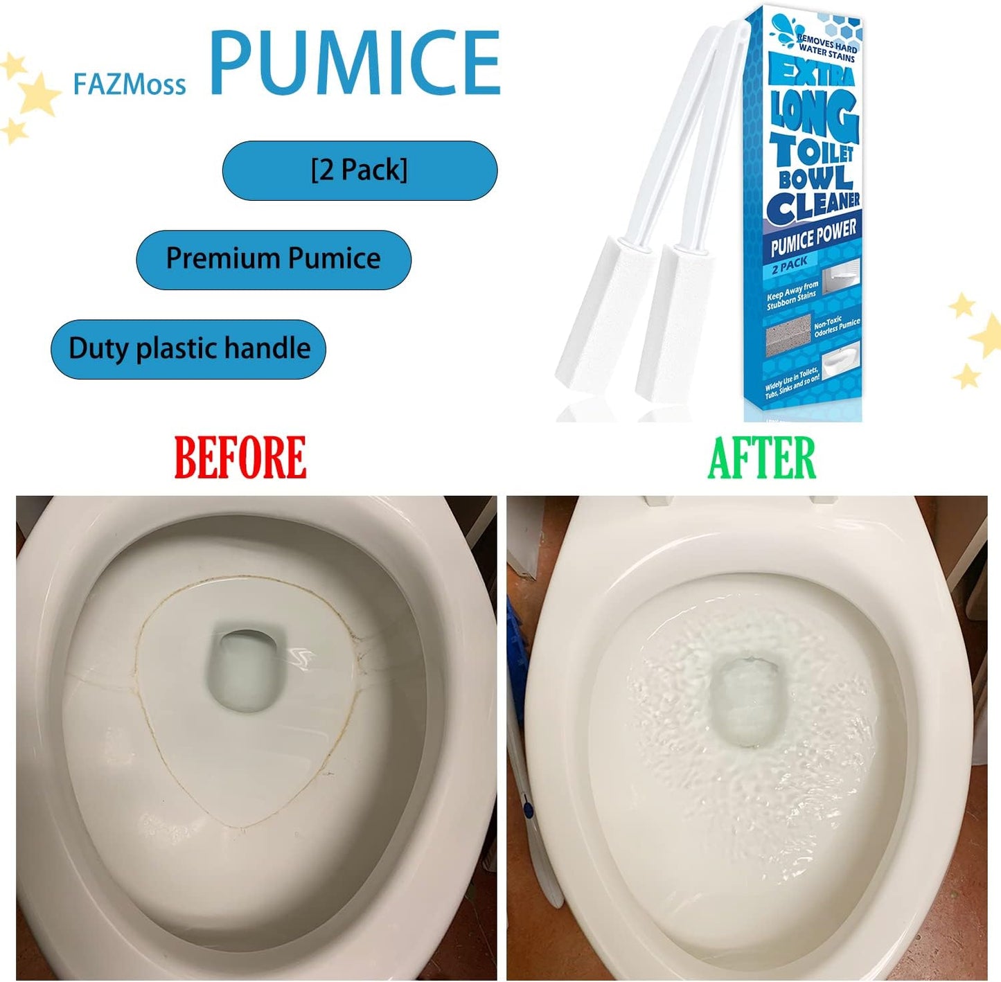 2 Pack Pumice Stone for Toilet Cleaning, Extra Long Handle for Removing Bowl Ring, Pool, Bathroom, Toilet Brush