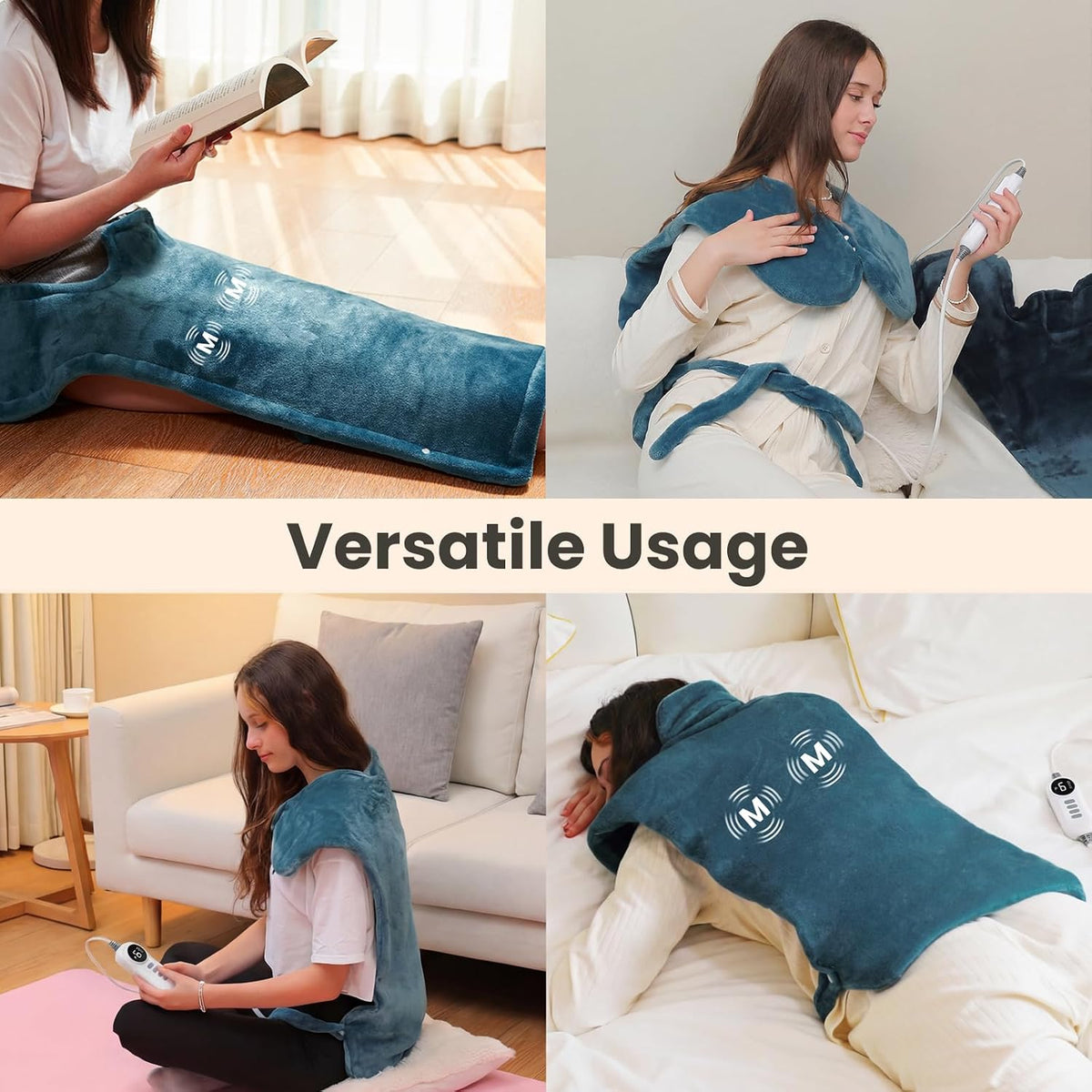 DAILYLIFE Heating Pad with Massager for Neck and Shoulders, Wearable Electric Heating Pads for Back Pain Relief, Auto-Shut Off, 6 Heat Settings, 4 Massage Modes, Large Size, UL Certified, Blue