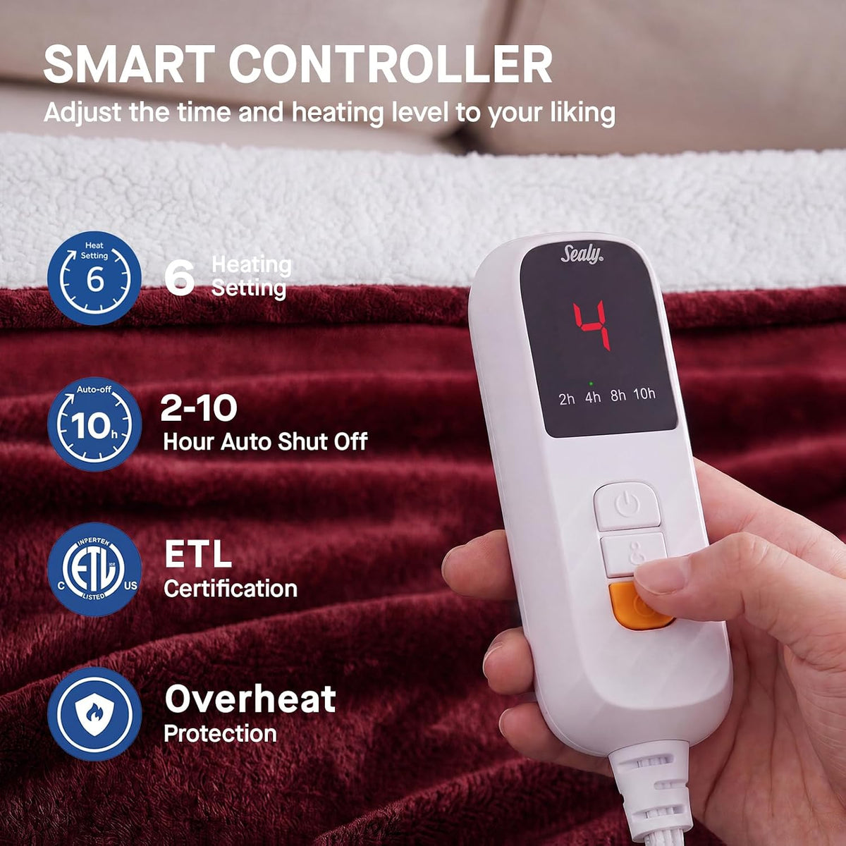 Sealy Electric Blanket Throw 50×60, Flannel to Sherpa, Charcoal