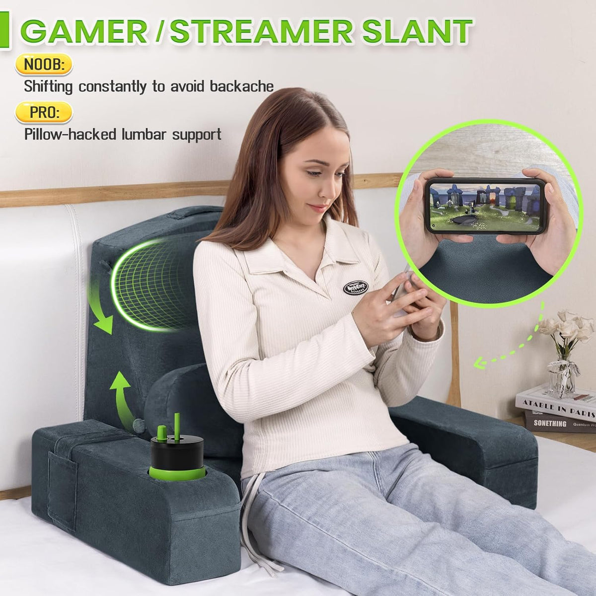 21 INCH Reading Pillow for Adults, Back Pillow for Bed Sitting Up, Backrest Pillow for Sitting in Bed, Detachable Arms with Built-in Cup & Phone Caddy (Gray, 21 INCH)