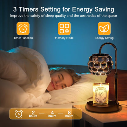 Candle Warmer Lamp with Timer Adjustable - Height Candle Warmer, Dimmer, Black Glass Wax Melting Lamps for Home Decor, for Candles in Jars with 2 Bulbs