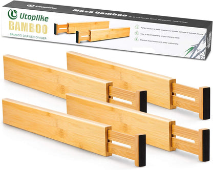 Utoplike 4 Pcs Bamboo Kitchen Drawer Dividers, Large Drawers Organizers | Adjustable Spring Loaded Expandable Organization, Works in Dresser, Bathroom, Bedroom, Office, Fit 17.8"-20.6" Drawer, 2.4"H