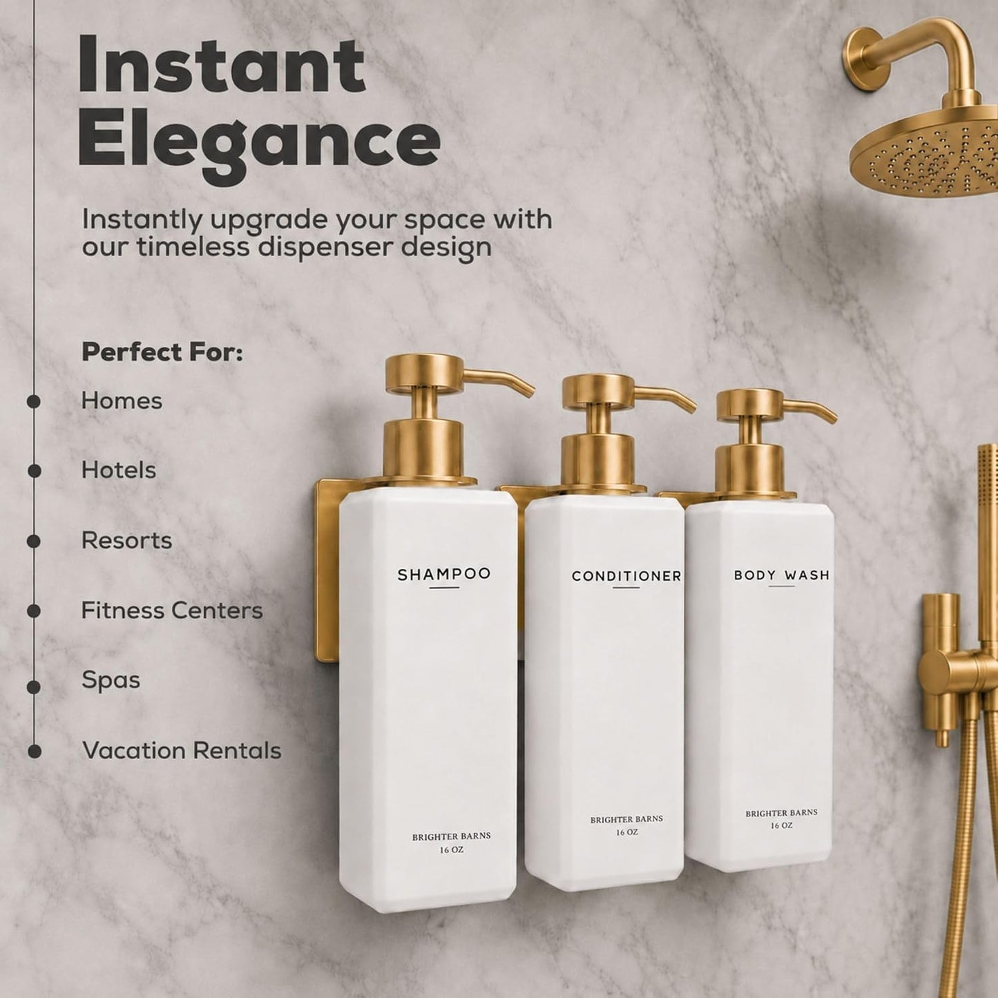 Luxury Shampoo and Conditioner Dispenser Set Wall Mounted by Brighter Barns - Refillable Shower Dispenser with Stainless Steel Pumps - Shampoo Bottles 3 Chamber No Drill for Airbnb, Spa, Hotel (White)