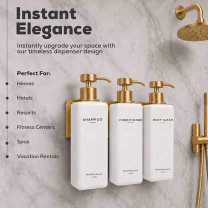 Luxury Shampoo and Conditioner Dispenser Set Wall Mounted by Brighter Barns - Refillable Shower Dispenser with Stainless Steel Pumps - Shampoo Bottles 3 Chamber No Drill for Airbnb, Spa, Hotel (White)