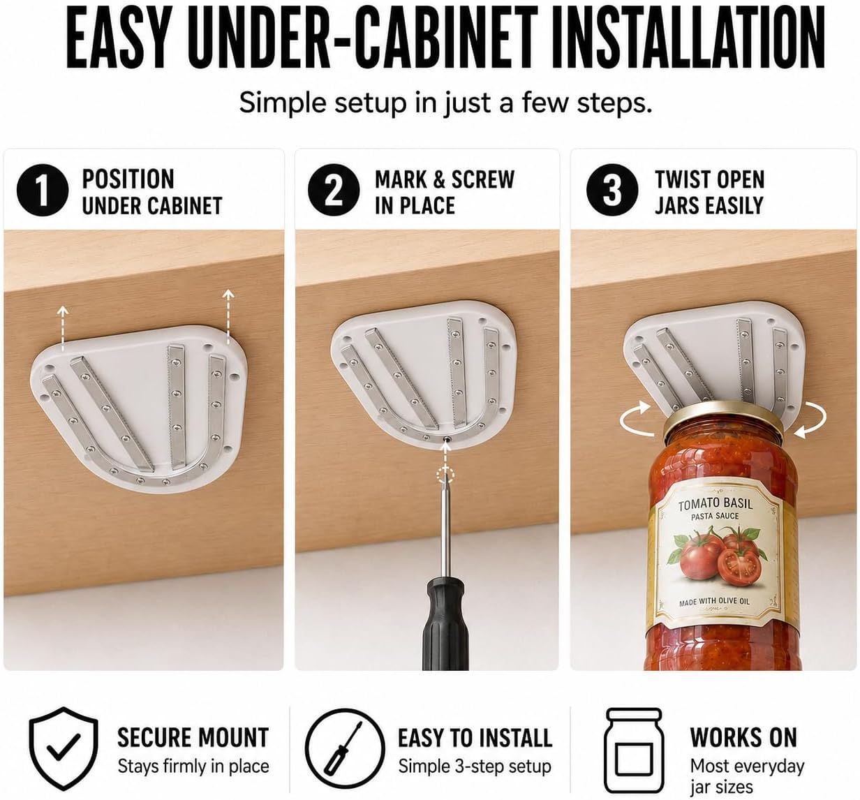 VURKO Under Cabinet Jar Opener Seniors Weak Hands V-Shape Grip Black