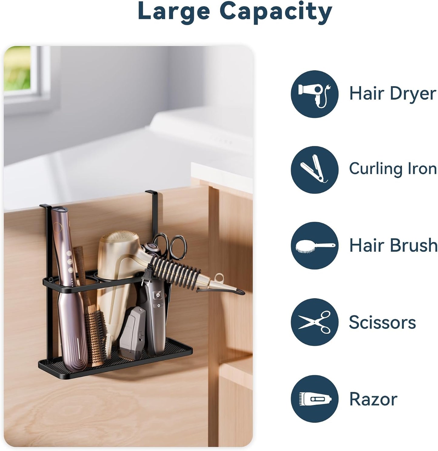 3-in-1 Hair Tool Organizer Holder for Dryer, Straightener & Curling Iron - Mounts on Cabinet Door&Tabletop, Black