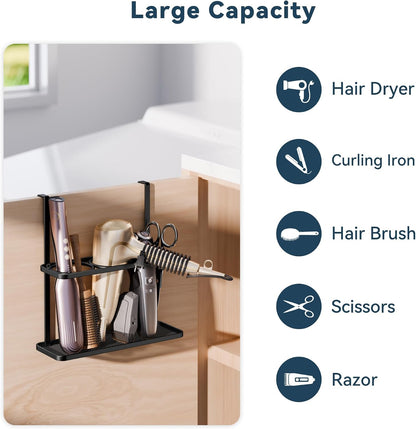3-in-1 Hair Tool Organizer Holder for Dryer, Straightener & Curling Iron - Mounts on Cabinet Door&Tabletop, Black