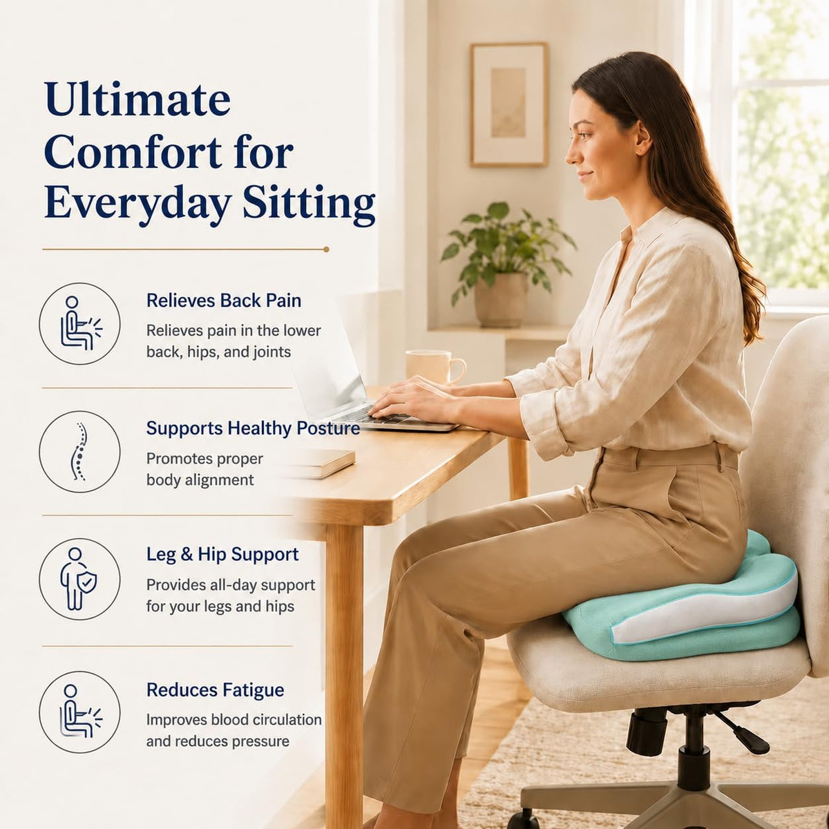 Memory Foam Ergonomic Seat Cushion for Office Chairs Pain Relief