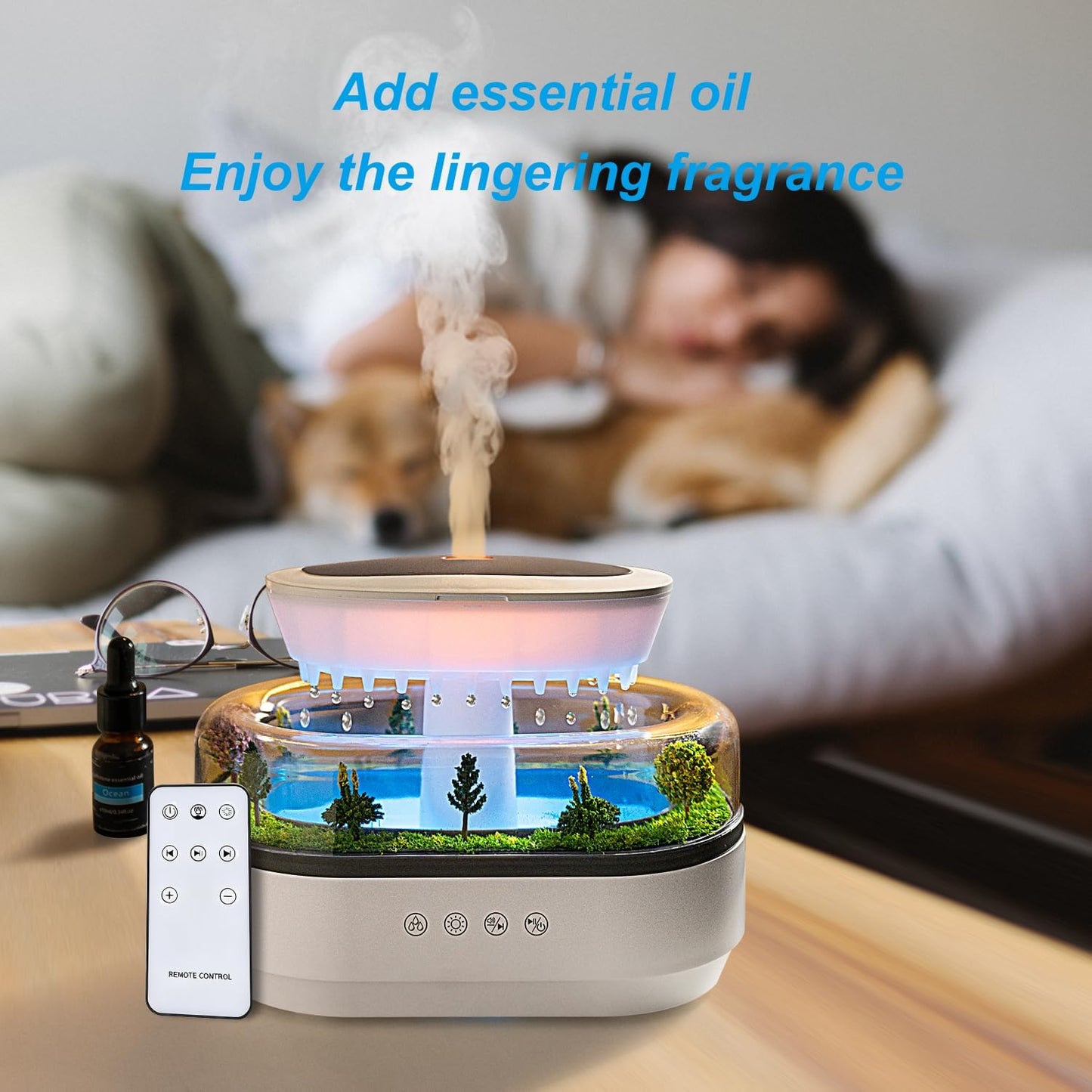 Rain Diffuser 250ML Essential Oil Diffuser, Cloud Humidifier Rain Water Drip Humidifier with Drip Music Micro Landscape Ultrasonic Diffuser for Bedroom (White)