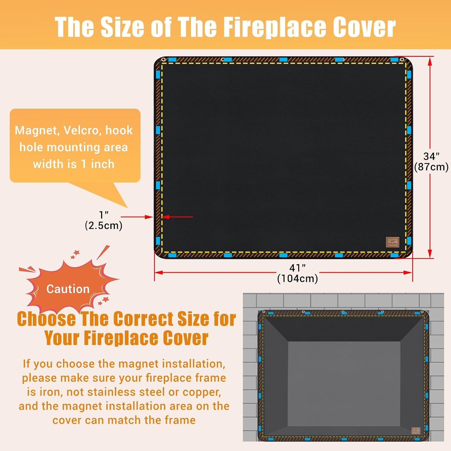 Magnet Fireplace Cover, Black Color, (39" W x 32" H) | Fireplace Draft Blocker, Fireplace Blanket for Heat Loss, Flue Blocker, Cold Air Blocker, Draft Cover for Inside Fireplace