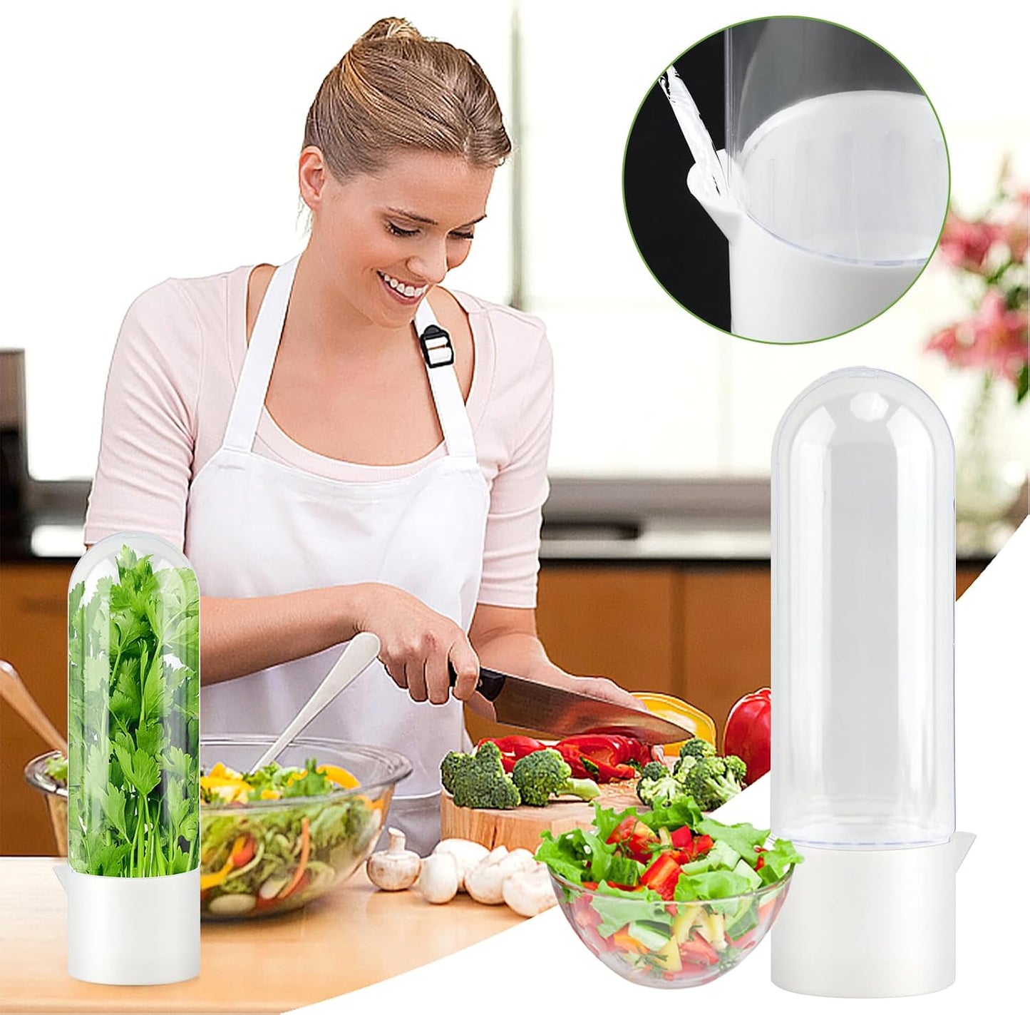 2 Pack Herb Keeper for Refrigerator, Vertical Herb Keeper for Fridge with Scissors, Vegetable Preservation Container for Cilantro, Parsley, Mint&Asparagus, Extends Freshness for 2-3 Weeks